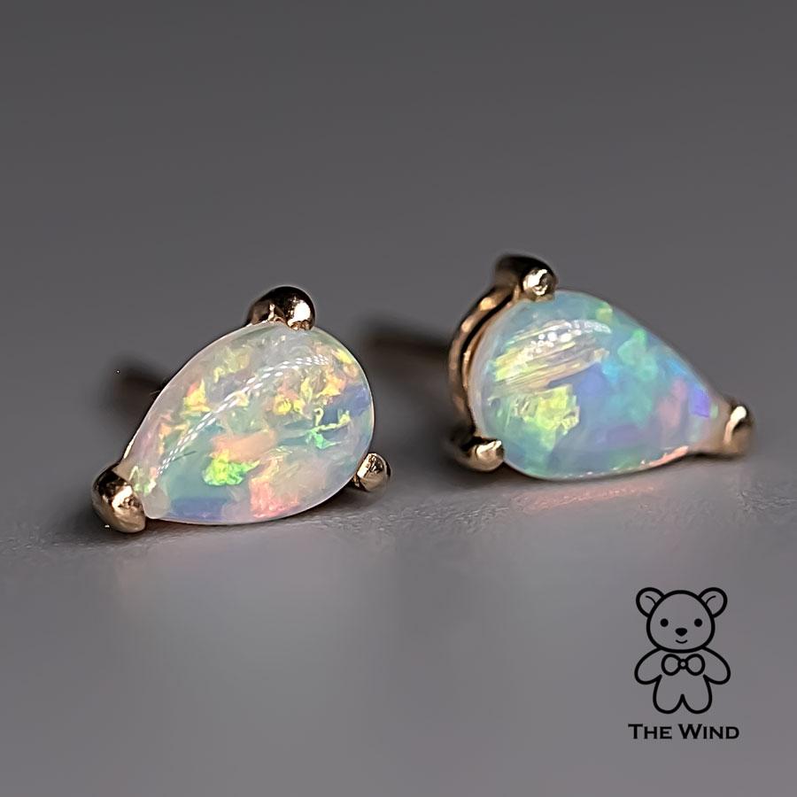 Pear Cut Pear Shaped Australian Solid Opal Stud Earrings 14K Yellow Gold For Sale