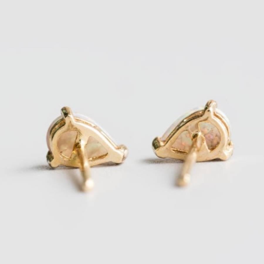 Women's or Men's Pear Shaped Australian Solid Opal Stud Earrings 14K Yellow Gold For Sale