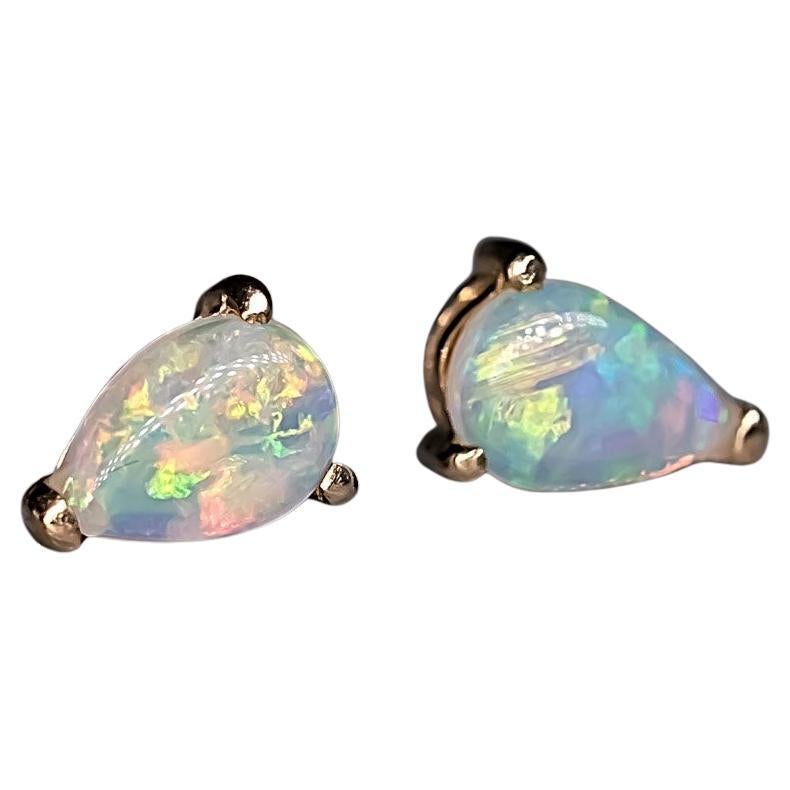 Pear Shaped Australian Solid Opal Stud Earrings 14K Yellow Gold For Sale