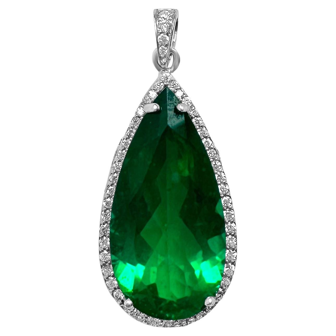 Pear Shaped Beryl Emerald 14K White Gold Pendant with Round Diamonds  by Manart For Sale