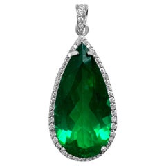 Pear Shaped Beryl Emerald 14K White Gold Pendant with Round Diamonds  by Manart