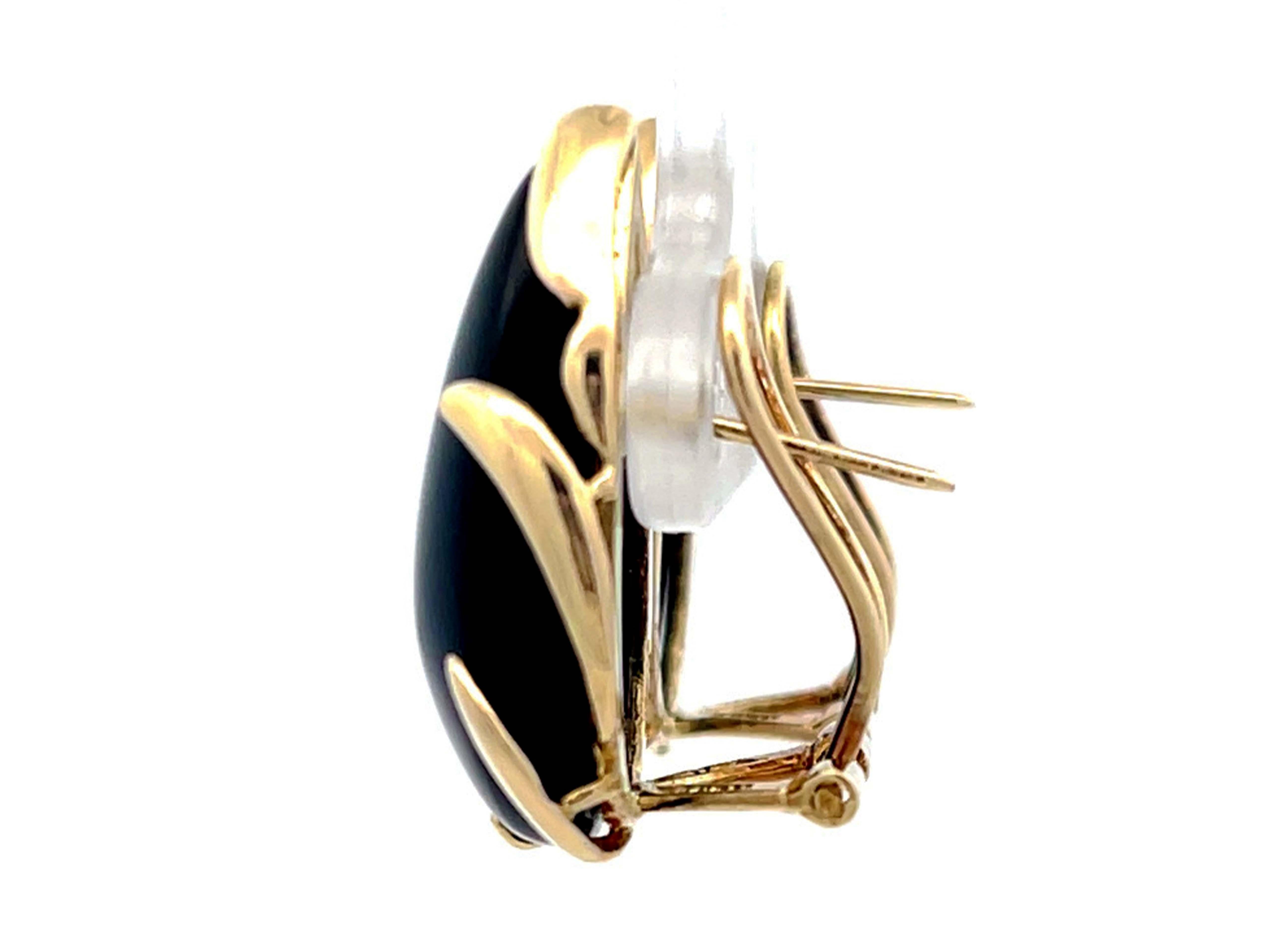 Pear Shaped Black Onyx Earrings in 14k Yellow Gold 1