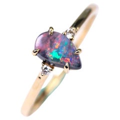 Pear Shaped Black Opal Diamond Ring 14K Yellow Gold