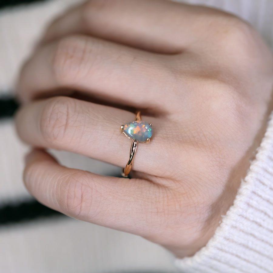 Arts and Crafts Pear Shaped Black Opal Twist Band Engagement Ring 18K Yellow Gold For Sale