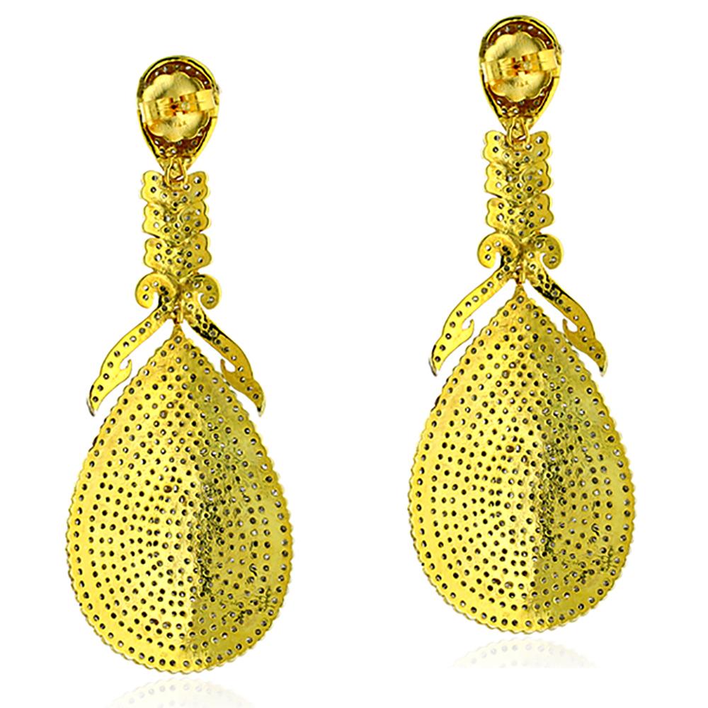 Ohrringe in Birnenform mit schwarzen Pavé-Diamanten aus 14 Karat Gelbgold und Silber (Kunsthandwerker*in) im Angebot