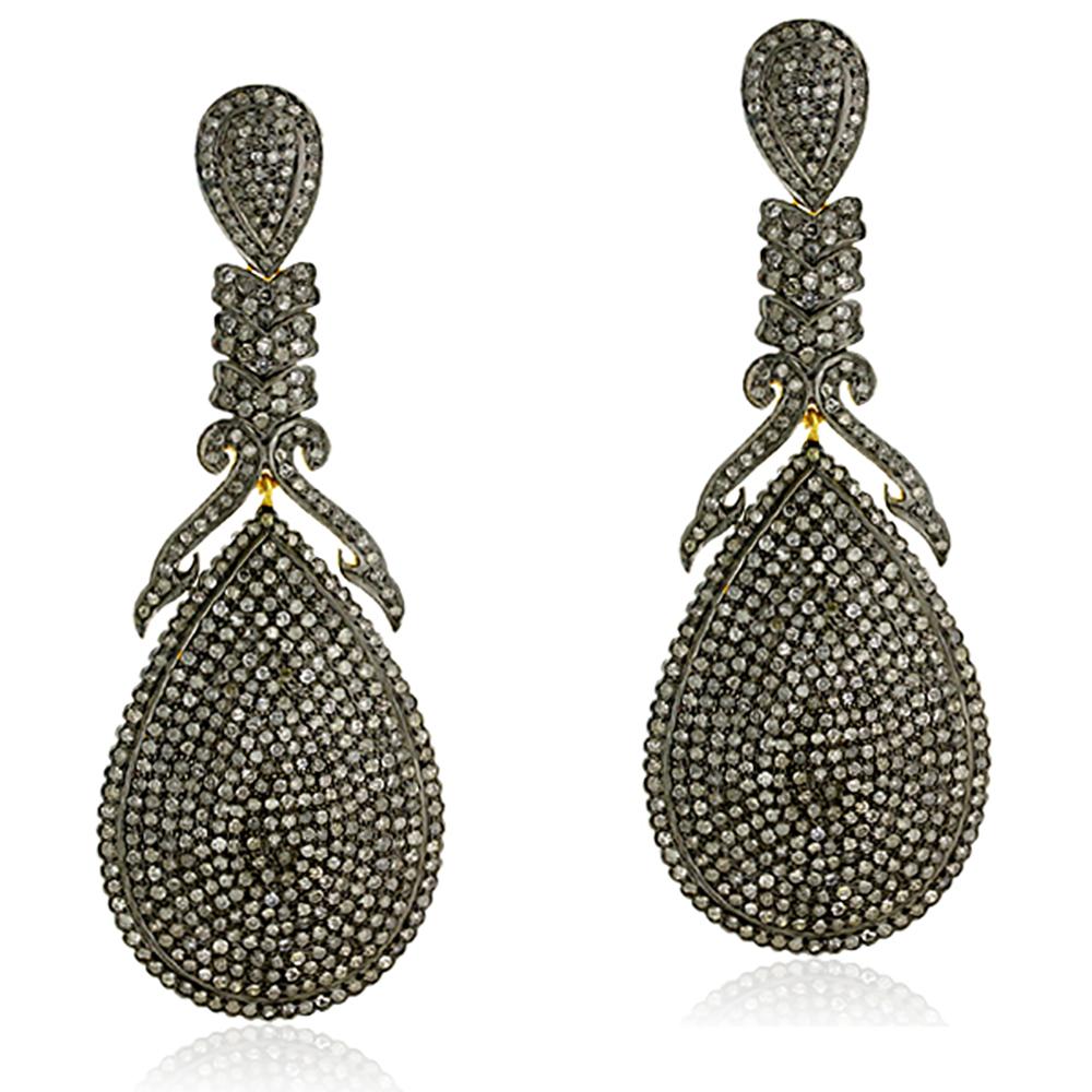 Ohrringe in Birnenform mit schwarzen Pavé-Diamanten aus 14 Karat Gelbgold und Silber (Rundschliff) im Angebot
