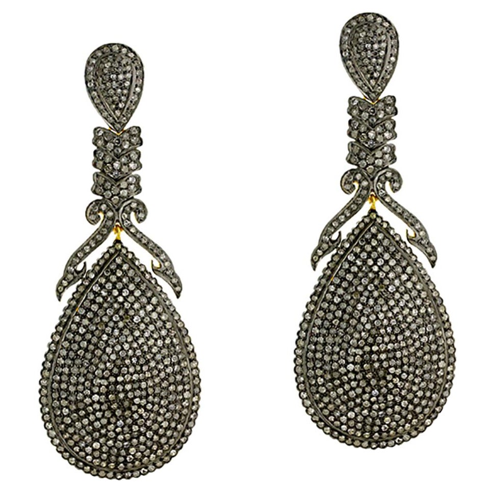 Boucles d'oreilles en or jaune et argent 14k avec diamants noirs pavés en forme de poire