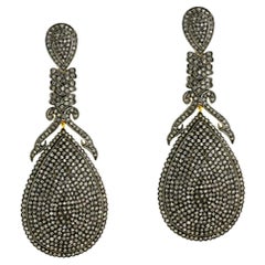 Boucles d'oreilles en or jaune et argent 14k avec diamants noirs pavés en forme de poire