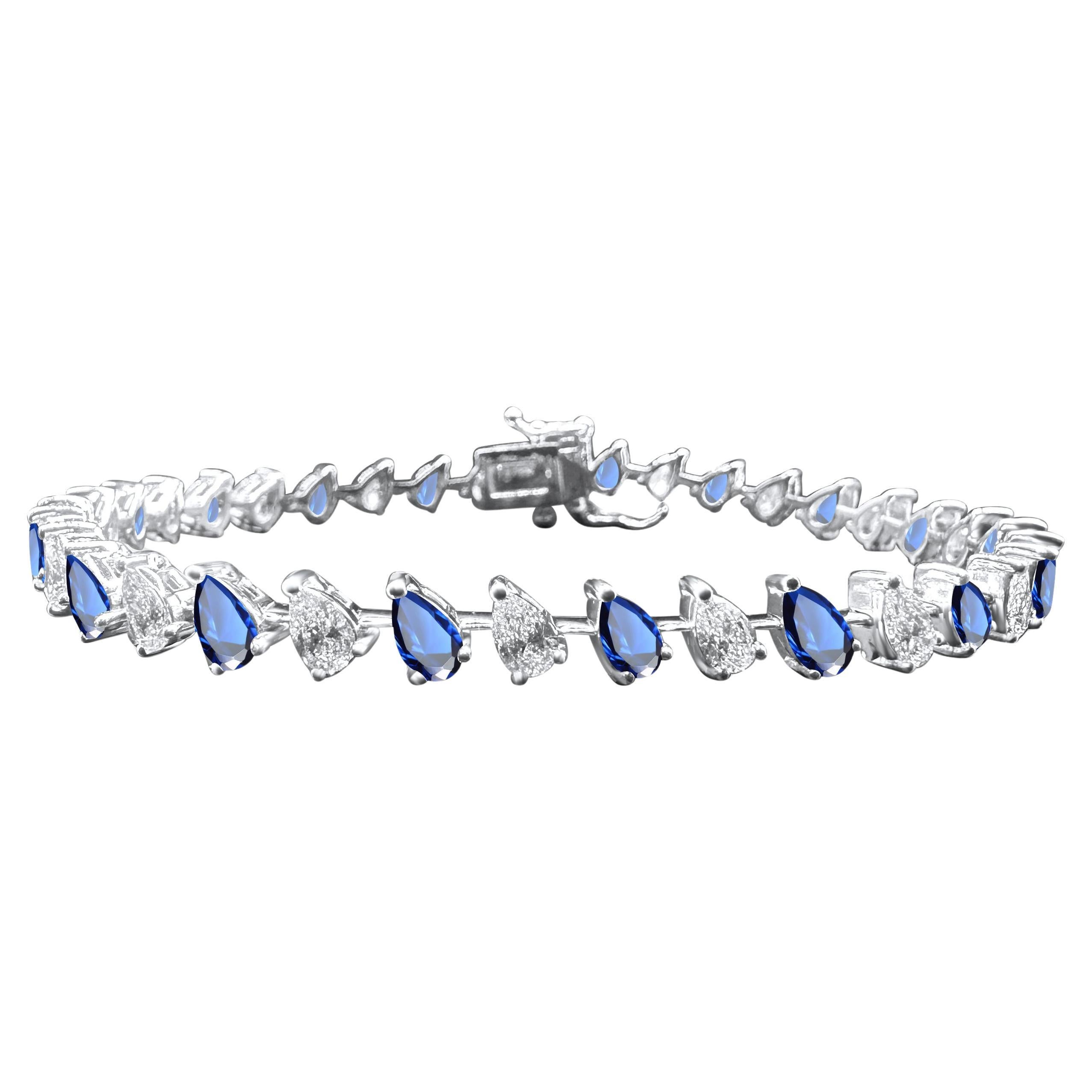 Armband aus 14 Karat Weißgold mit blauem Saphir und Diamant in Birnenform, 6,76 Karat im Angebot