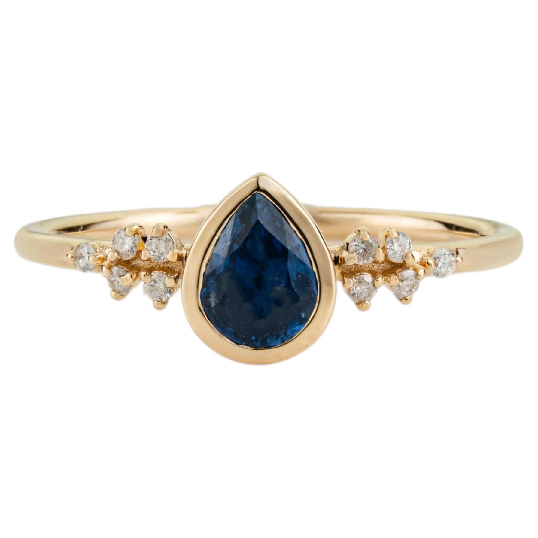 Pear-Shaped Blue Sapphire and Diamond Cluster Ring in 14K Gold for Women