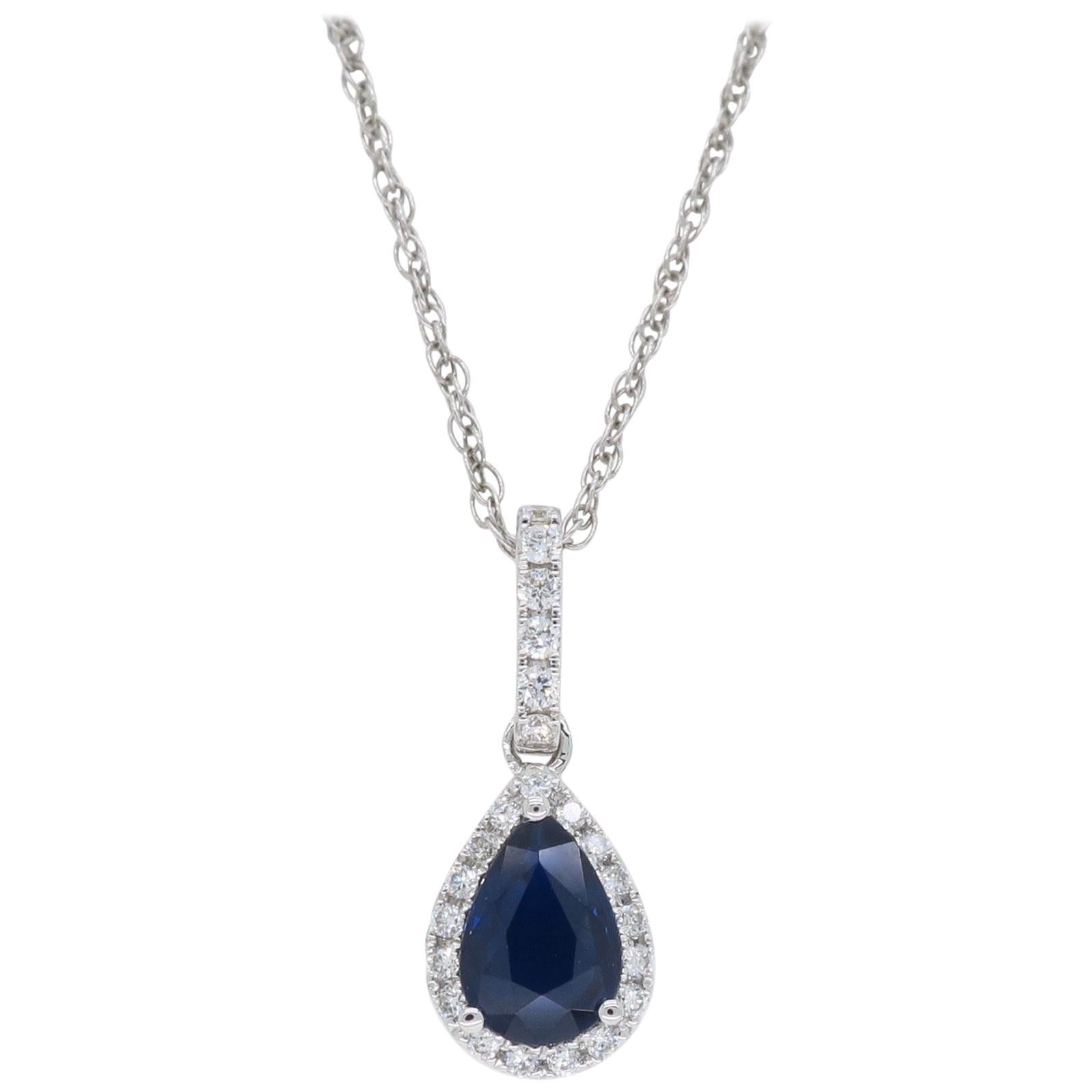 Pear Shaped Blue Sapphire and Diamond Halo Pendant