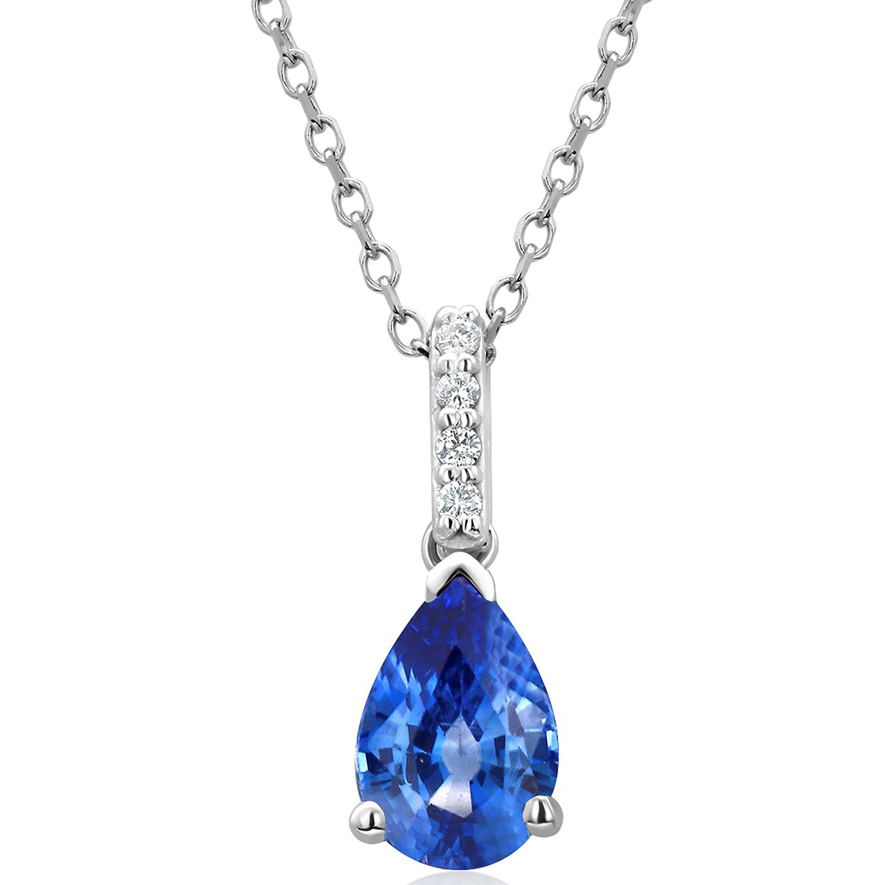  Collier pendentif tendance en or blanc avec saphir bleu en forme de poire et diamants Unisexe 