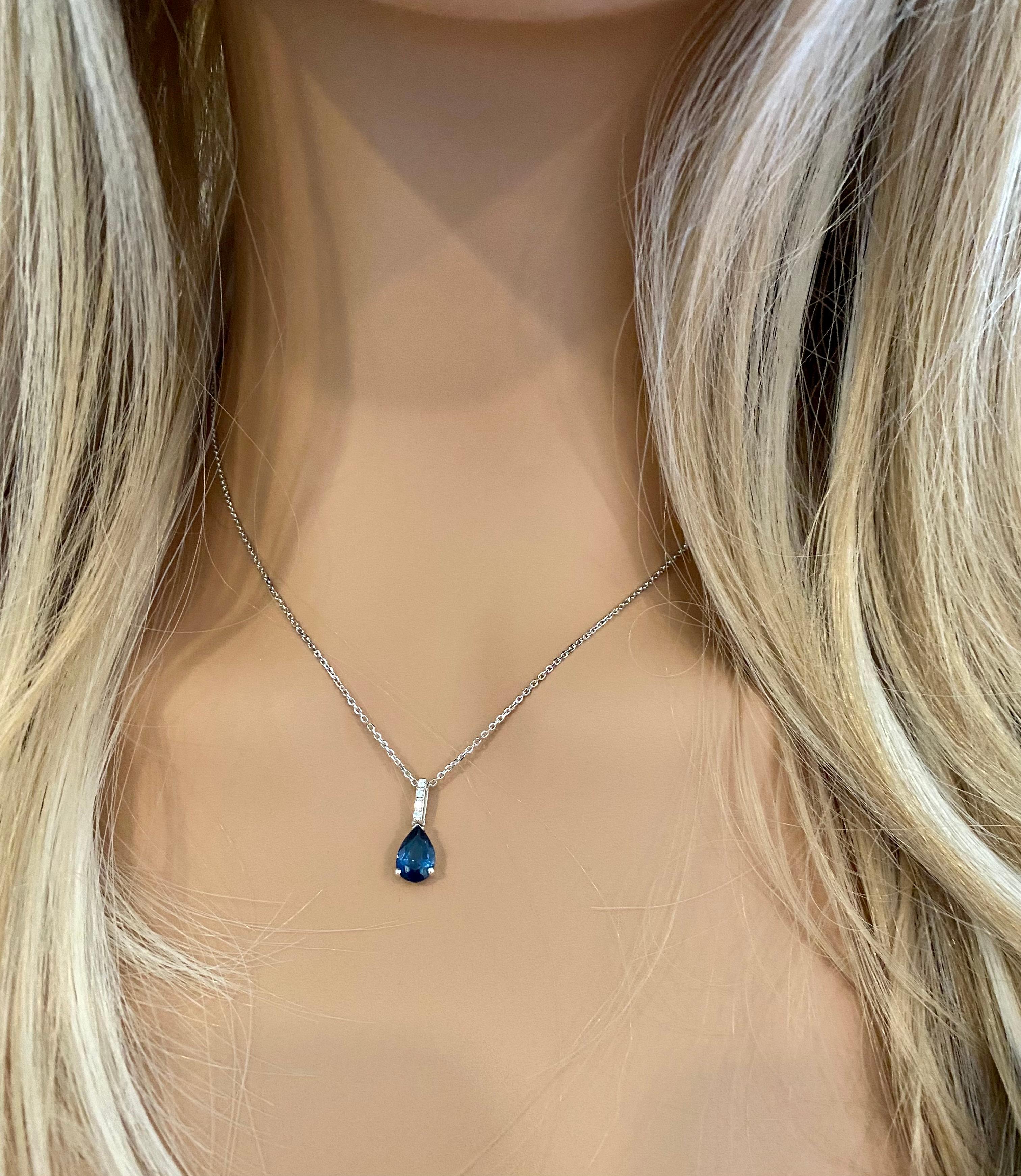 Pear Cut Pear Shaped Blue Sapphire and Diamond White Gold Trending Pendant Necklace