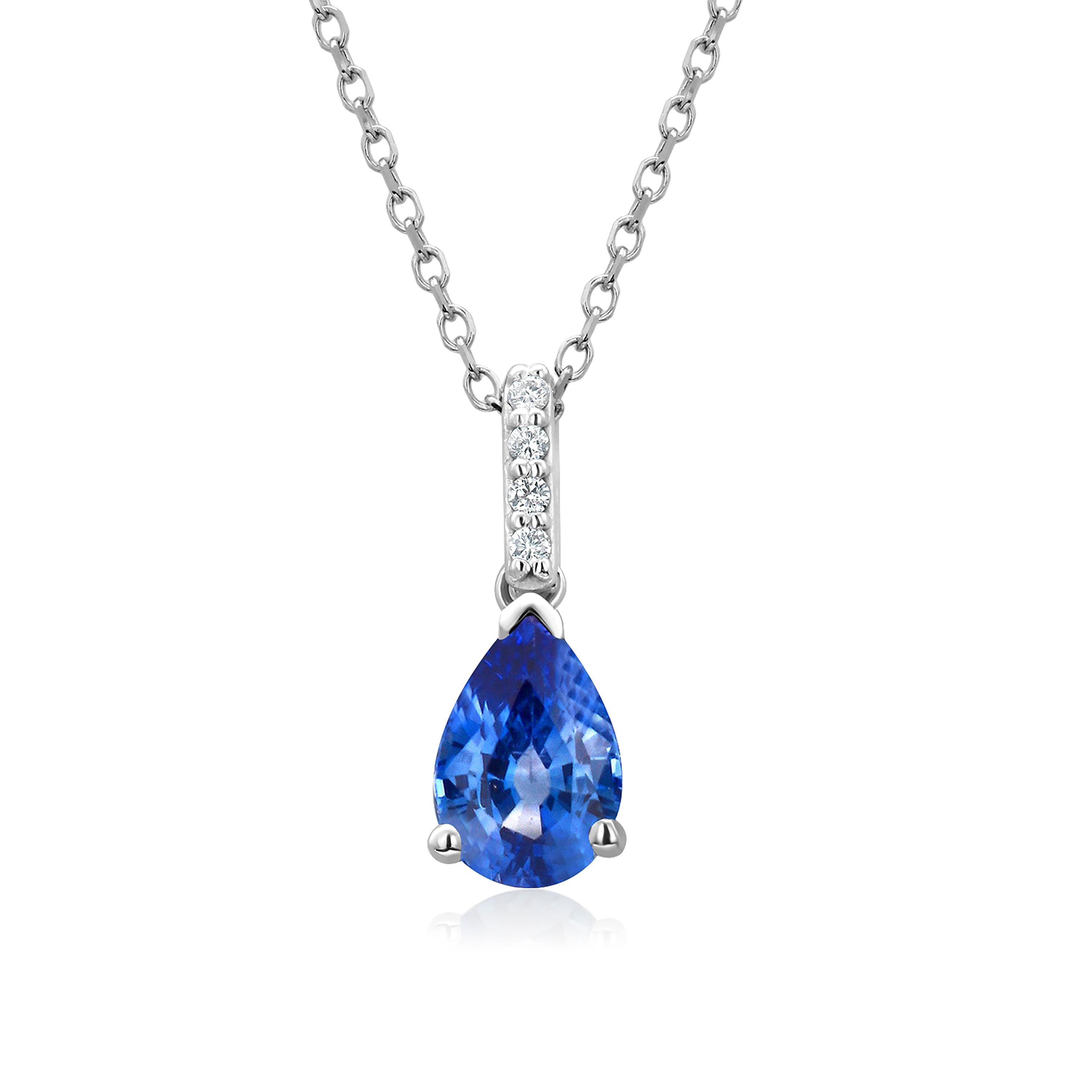 Collier pendentif tendance en or blanc avec saphir bleu en forme de poire et diamants 2