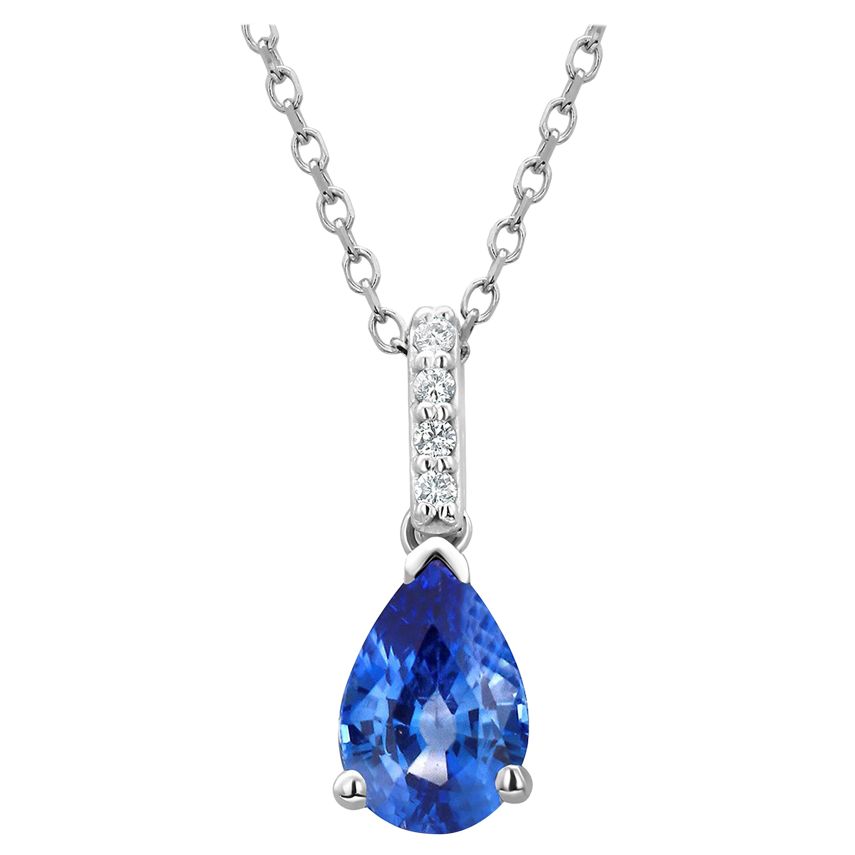 Pear Shaped Blue Sapphire and Diamond White Gold Drop Pendant Necklace