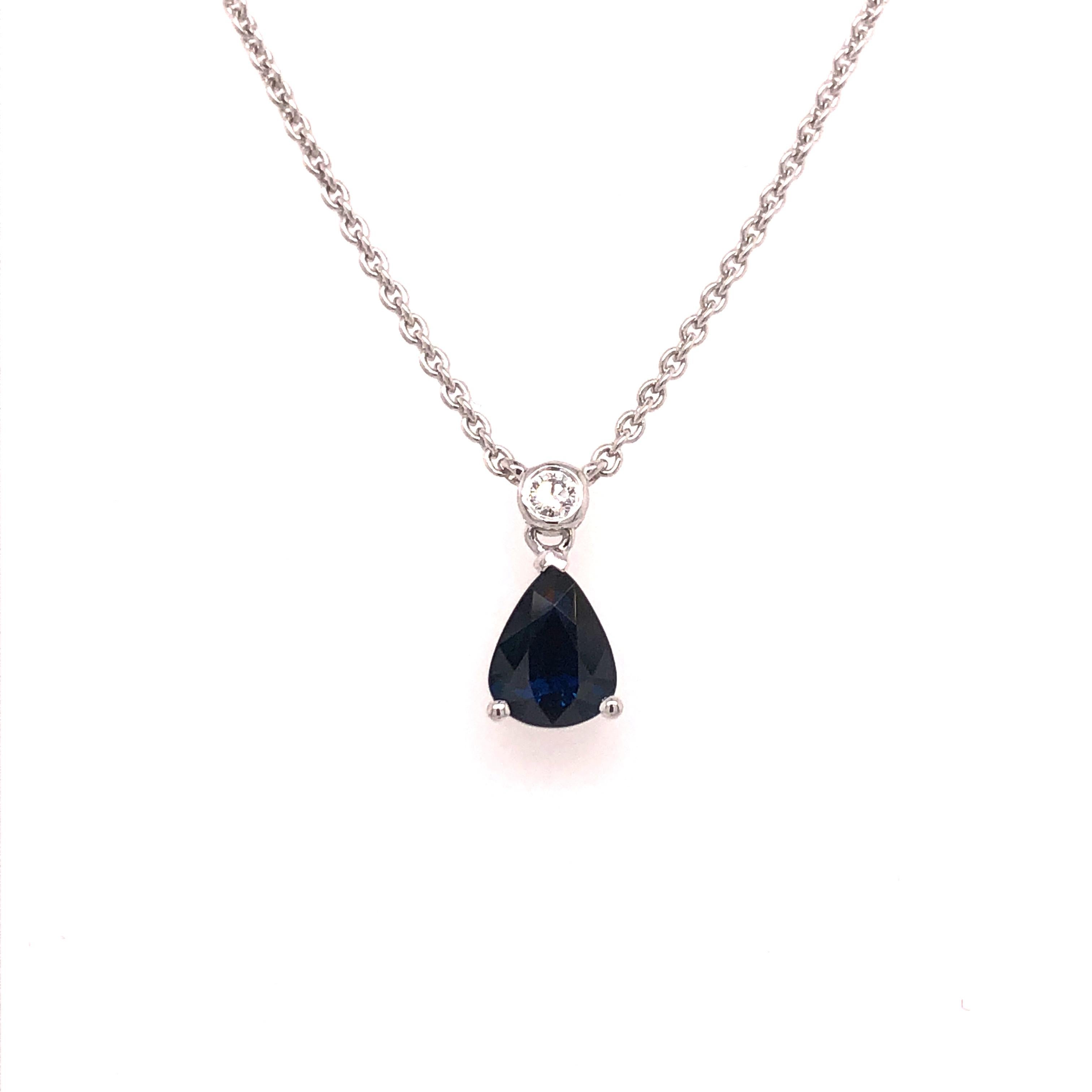 A gentle kiss of color, this deep blue sapphire necklace is the perfect gift. The 1.15 CT pear shaped Sapphire drops from a 0.05 CT round diamond all set in 18K white gold. 

17
