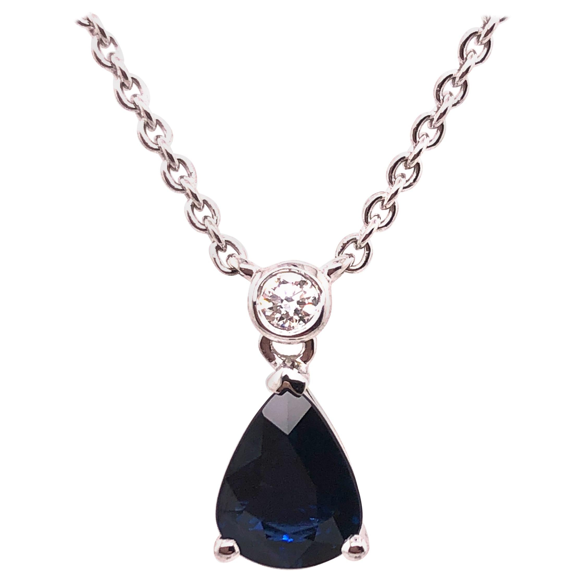 Pear Shaped Blue Sapphire and Diamond White Gold Necklace 