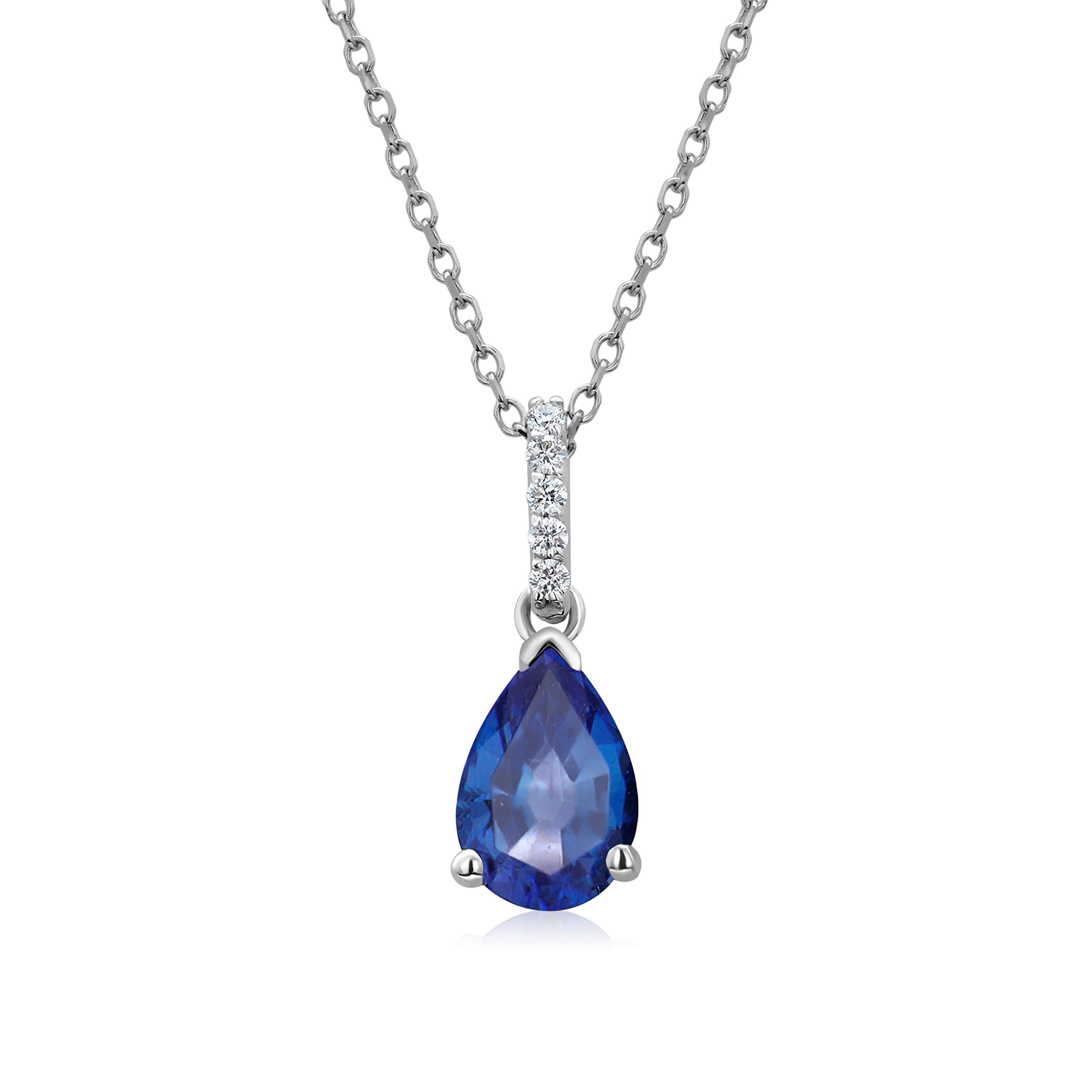 Pear Cut Pear Shaped Blue Sapphire and Diamond White Gold Trending Pendant Necklace For Sale
