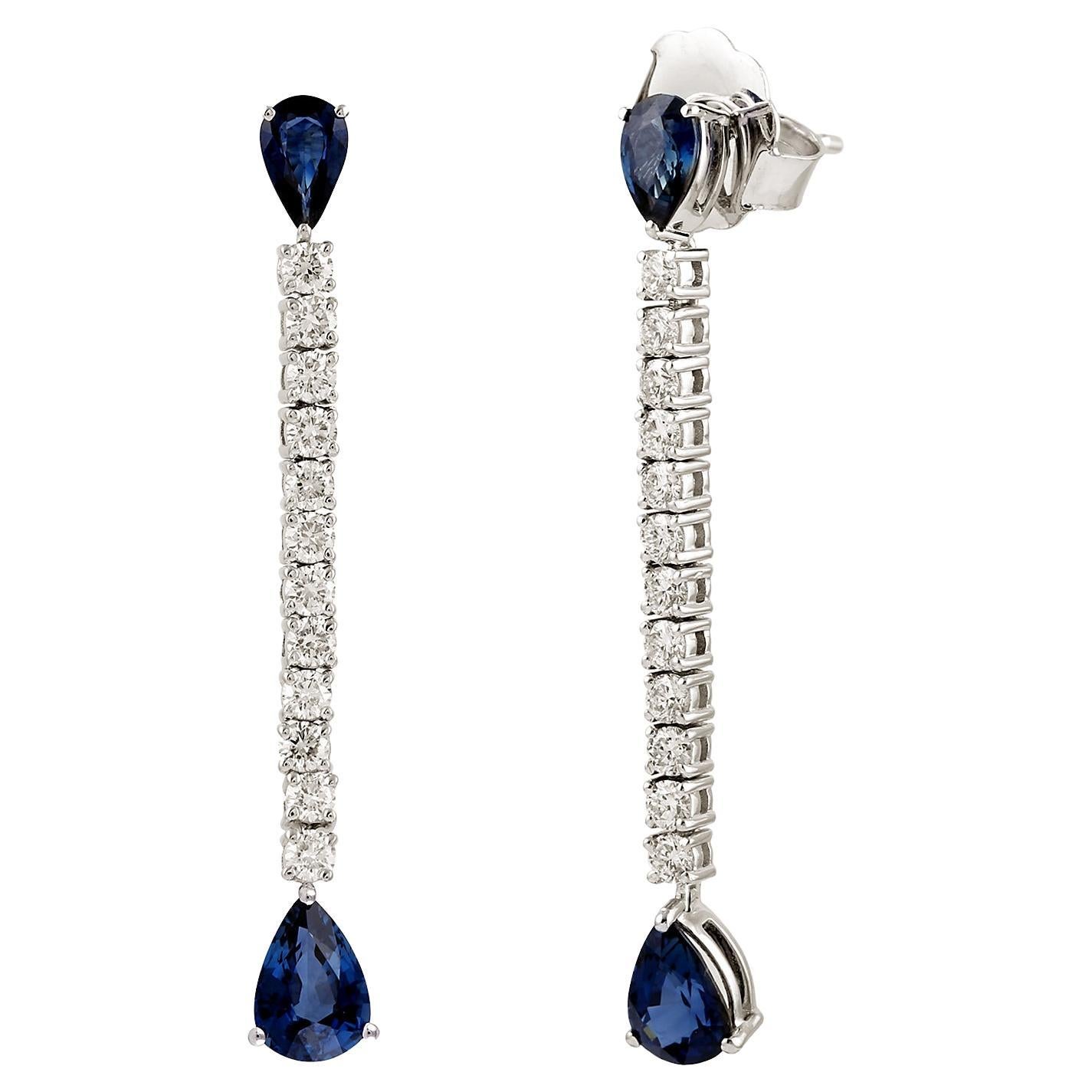 Pear Shaped Blue Sapphire Chain Earrings With Diamonds Made In 18k Gold For Sale