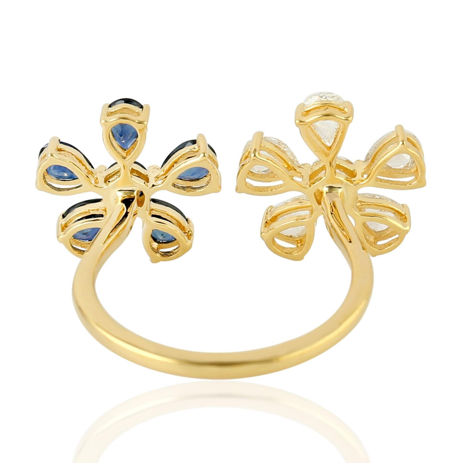 Artisan Pear Shaped Blue Sapphire & Diamond Between The Finger Ring In 18k Yellow Gold For Sale