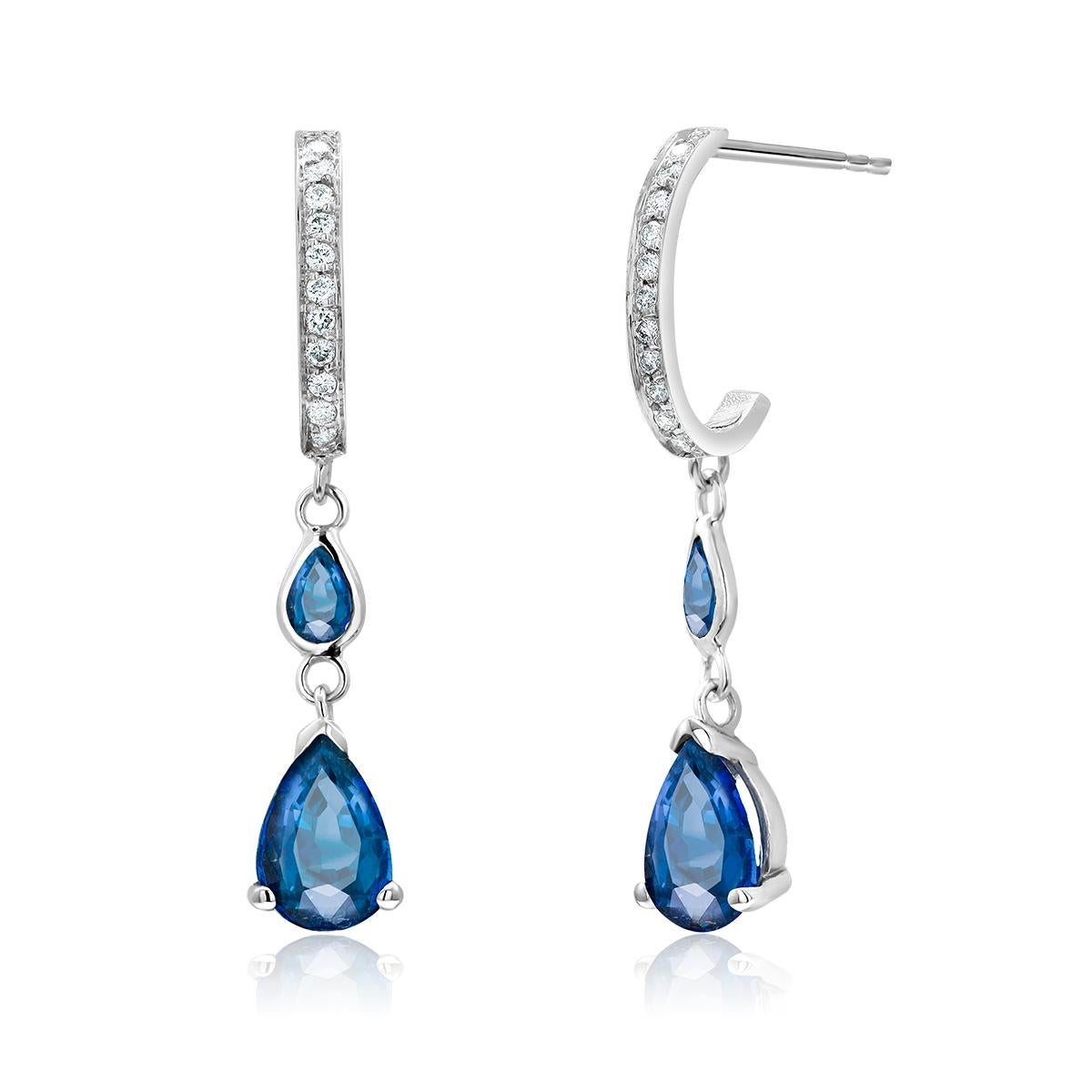 Contemporary Pear Shaped Blue Sapphire Diamond Drop Hoop Gold Earrings