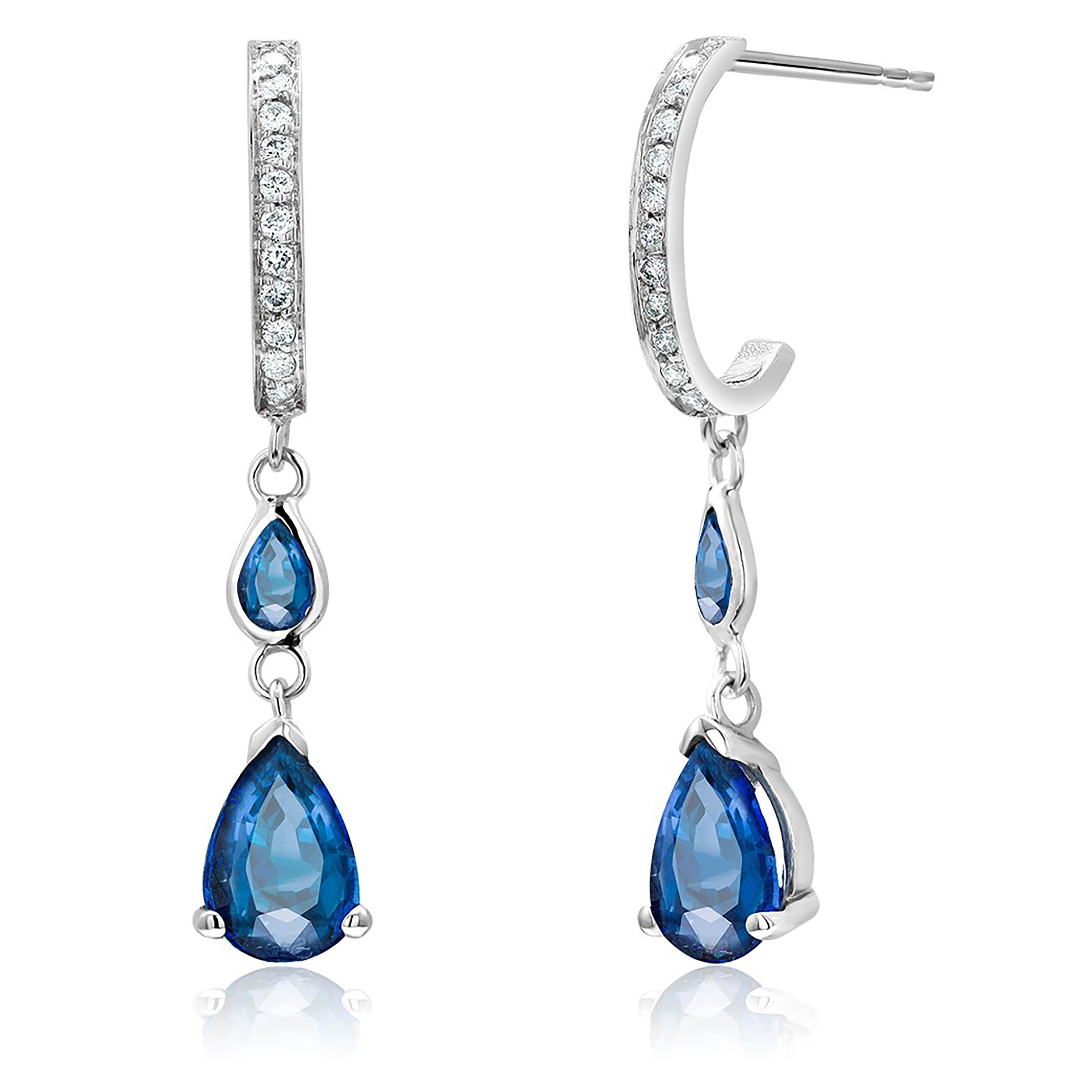 Pear Cut Pear Shaped Blue Sapphire Diamond Drop Hoop Gold Earrings