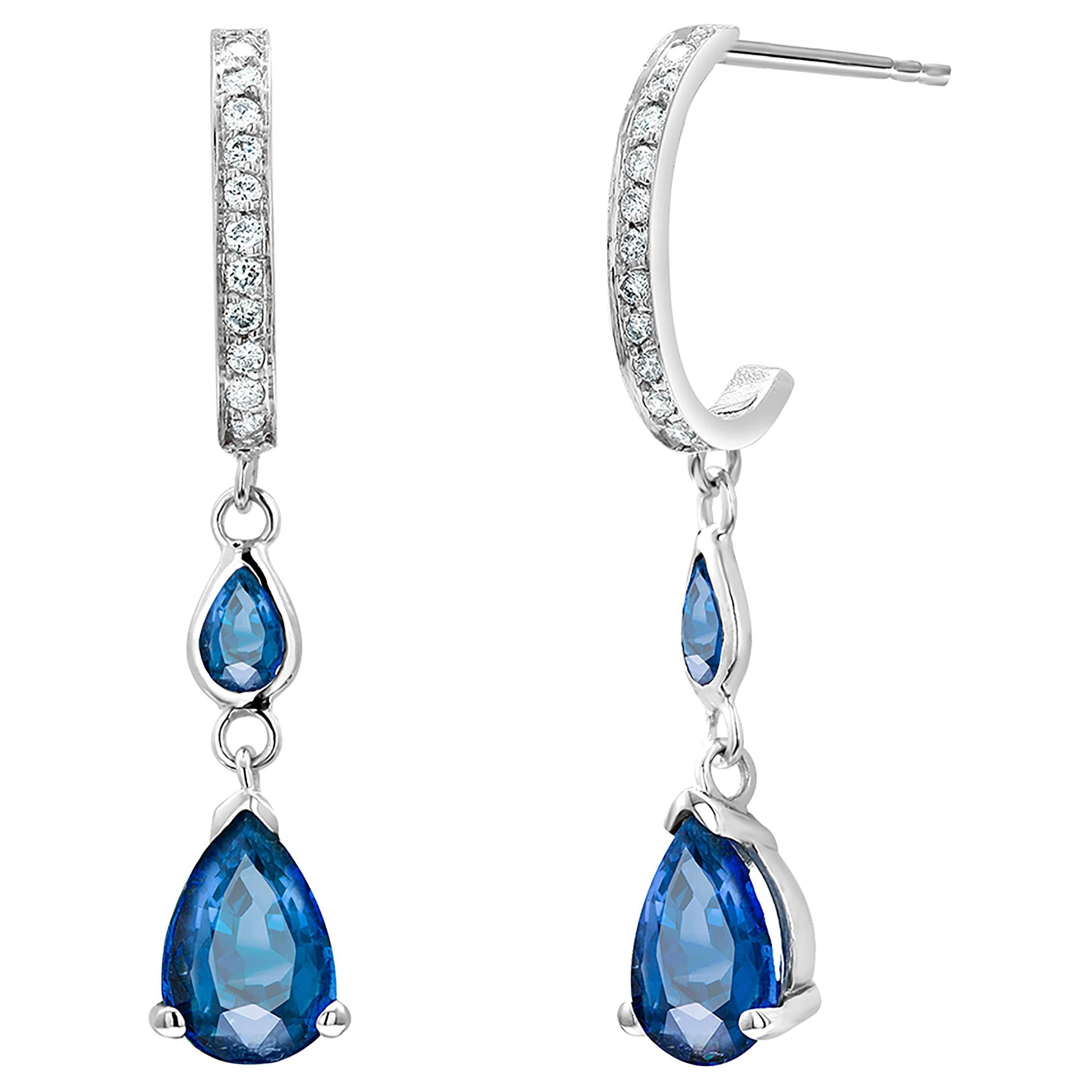Pear Shaped Blue Sapphire Diamond Drop Hoop Gold Earrings