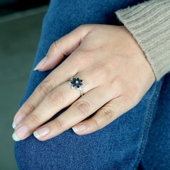 Pear Shaped Blue Sapphire & Diamond Flower Ring Made In 18K White Gold