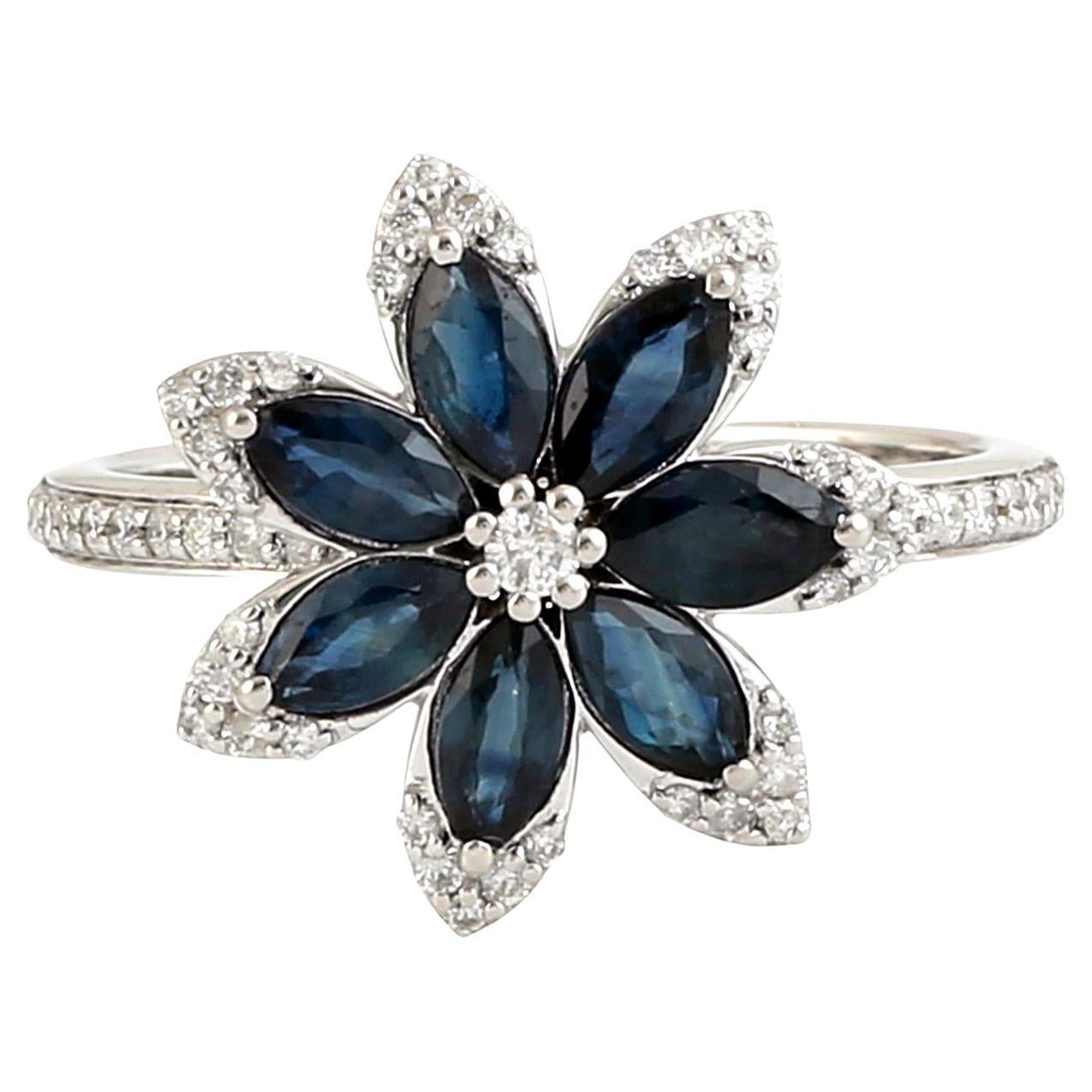 Pear Shaped Blue Sapphire & Diamond Flower Ring Made In 18K White Gold