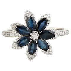 Pear Shaped Blue Sapphire & Diamond Flower Ring Made In 18K White Gold