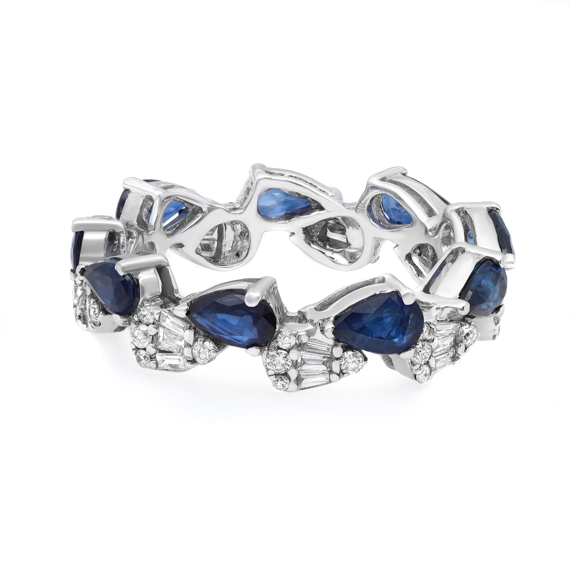 Modern Pear Shaped Blue Sapphire & Diamonds Eternity Band Ring 14K White Gold For Sale
