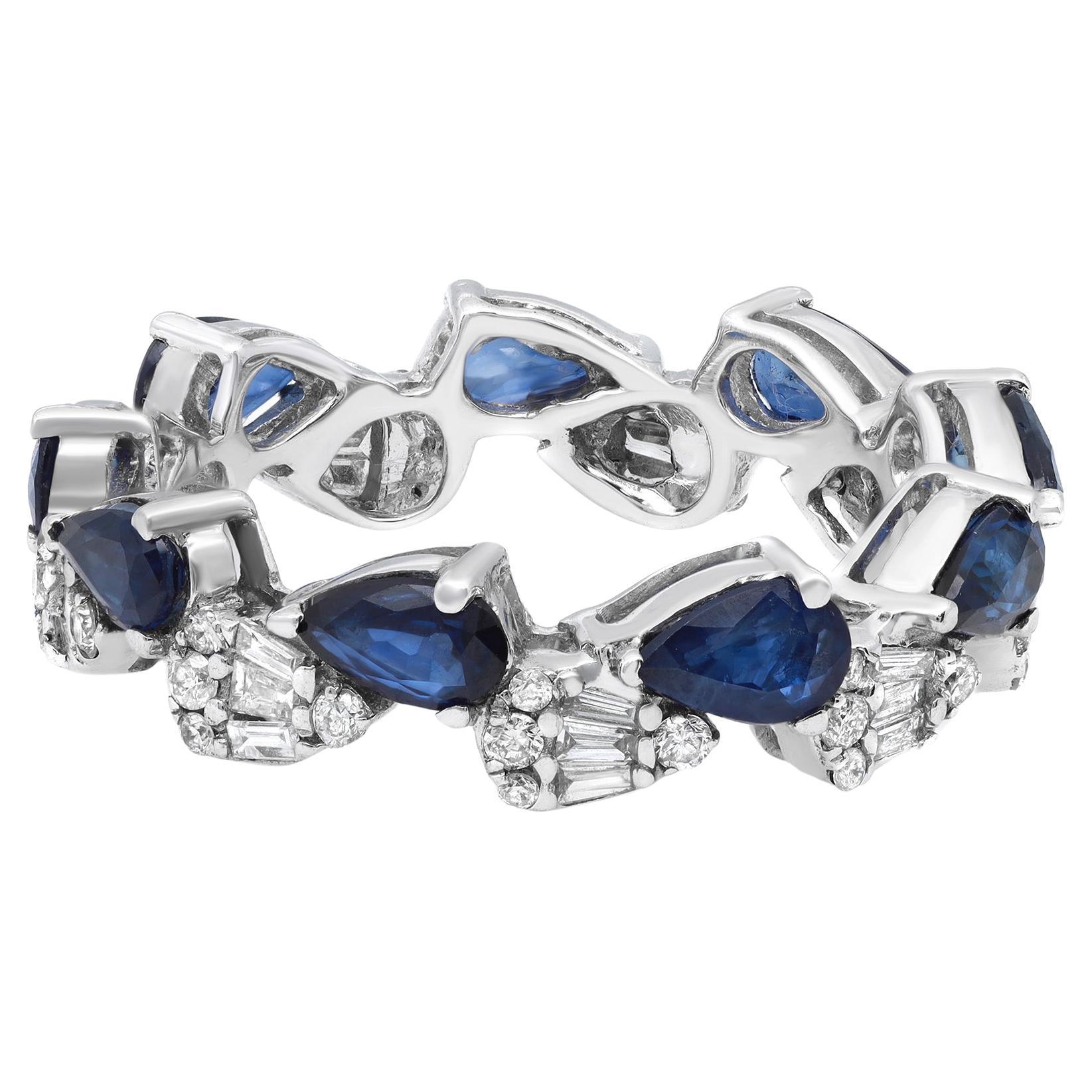 Pear Shaped Blue Sapphire & Diamonds Eternity Band Ring 14K White Gold For Sale