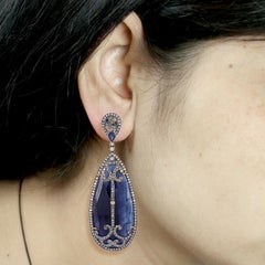 Pear Shaped Blue Sapphire Earrings Caged in Fancy Diamonds in 18k Gold & Silver