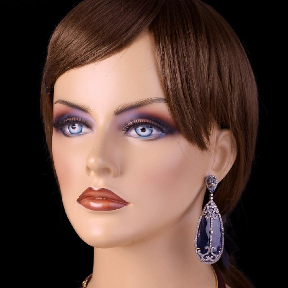 Artisan Pear Shaped Blue Sapphire Earrings Caged in Fancy Diamonds in 18k Gold & Silver For Sale