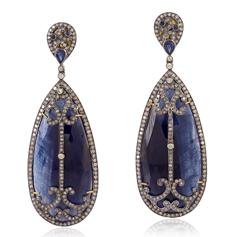 Pear Shaped Blue Sapphire Earrings Caged in Fancy Diamonds in 18k Gold & Silver In New Condition For Sale In New York, NY