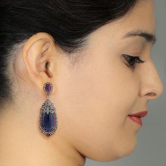 Ohrringe in Birnenform mit blauem Saphir und Rubin mit Rubin und Pave-Diamant aus 18 Karat Gold und Silber