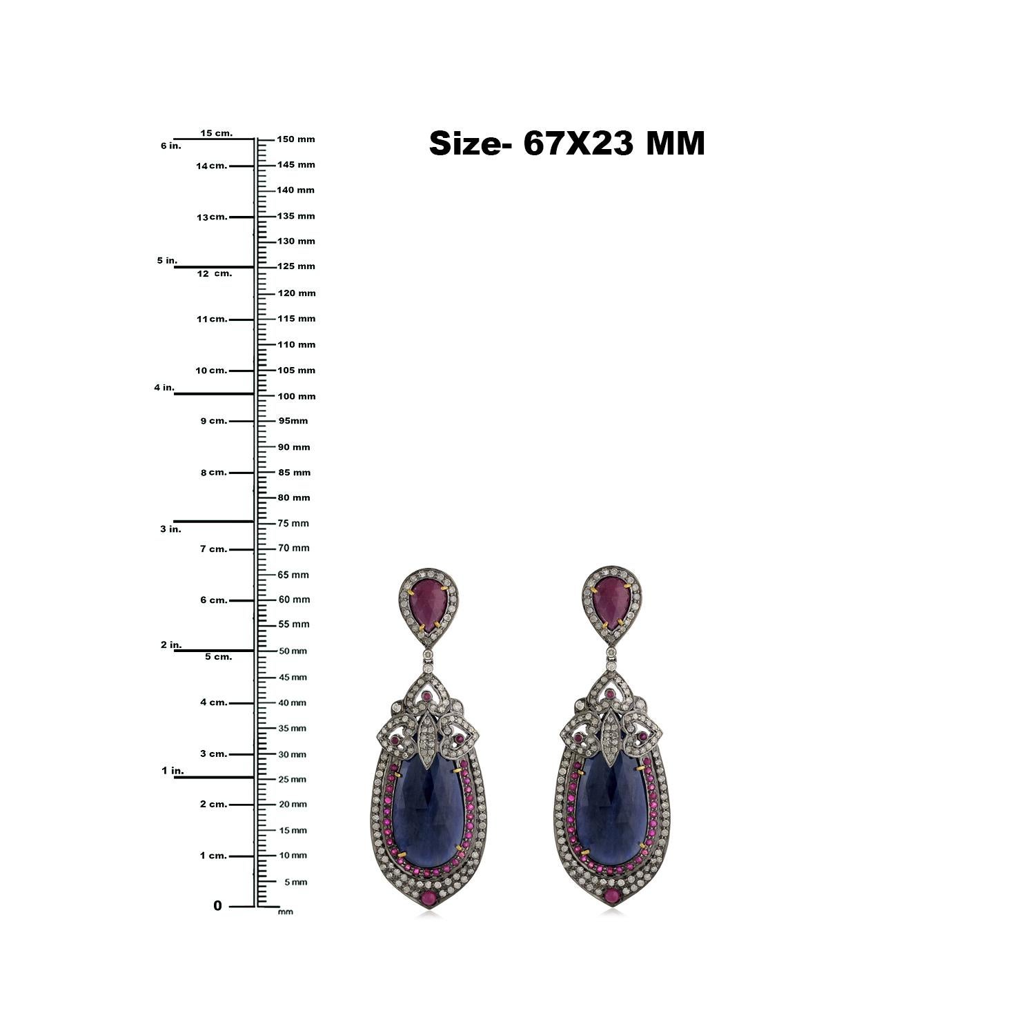 Mixed Cut Pear Shaped Blue Sapphire Earrings with Ruby & Pave Diamond in 18k Gold & Silver For Sale