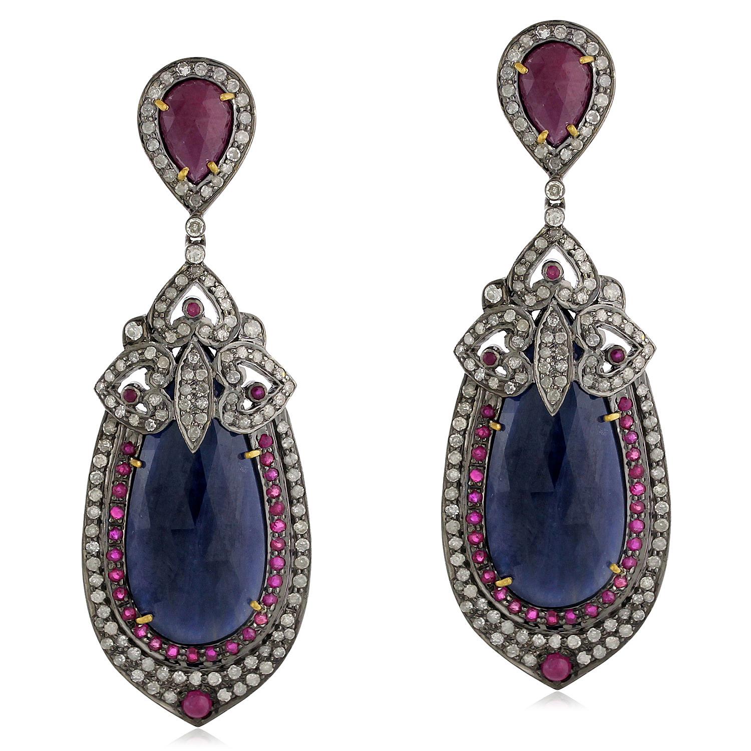 Pear Shaped Blue Sapphire Earrings with Ruby & Pave Diamond in 18k Gold & Silver In New Condition For Sale In New York, NY