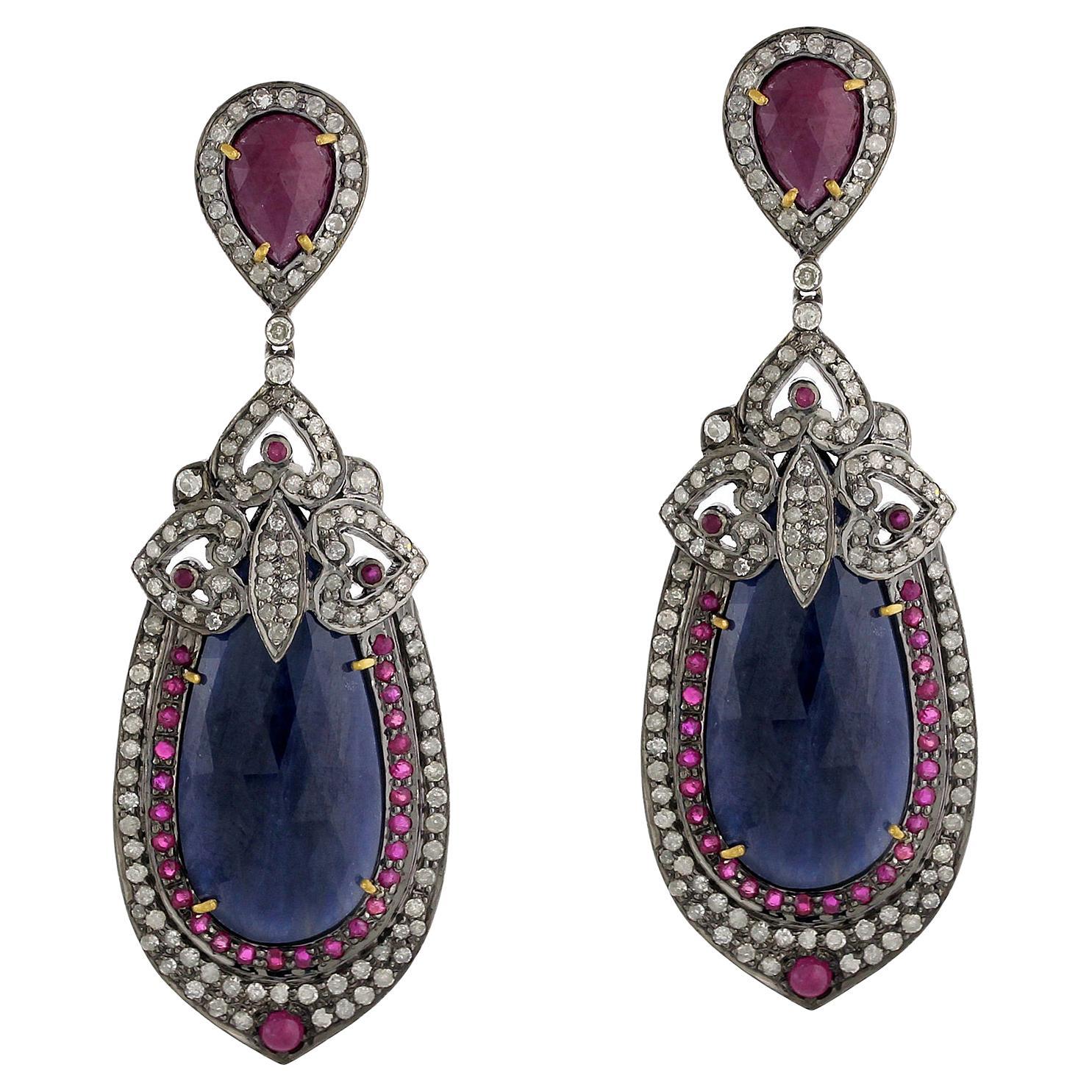 Pear Shaped Blue Sapphire Earrings with Ruby & Pave Diamond in 18k Gold & Silver