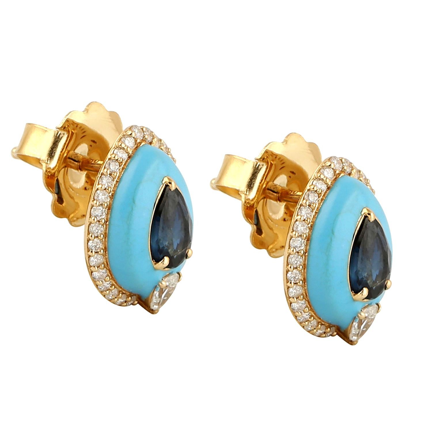 Contemporary Pear Shaped Blue Sapphire & Enamel Studs With Diamonds Made In 18K Yellow Gold For Sale