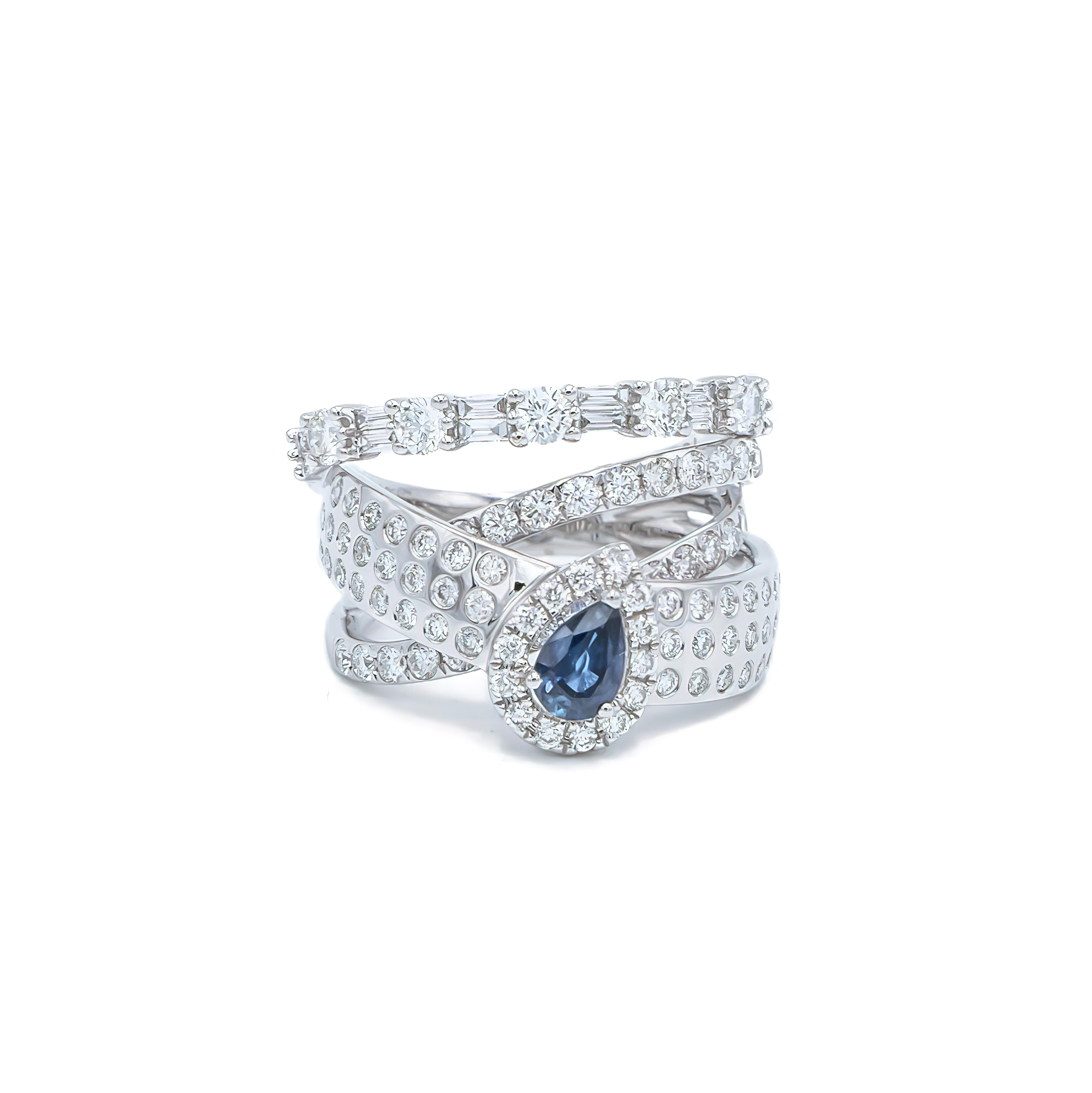 Artisan Pear Shaped Blue Sapphire in Multi Layered and Shapes Diamond Cocktail Ring For Sale