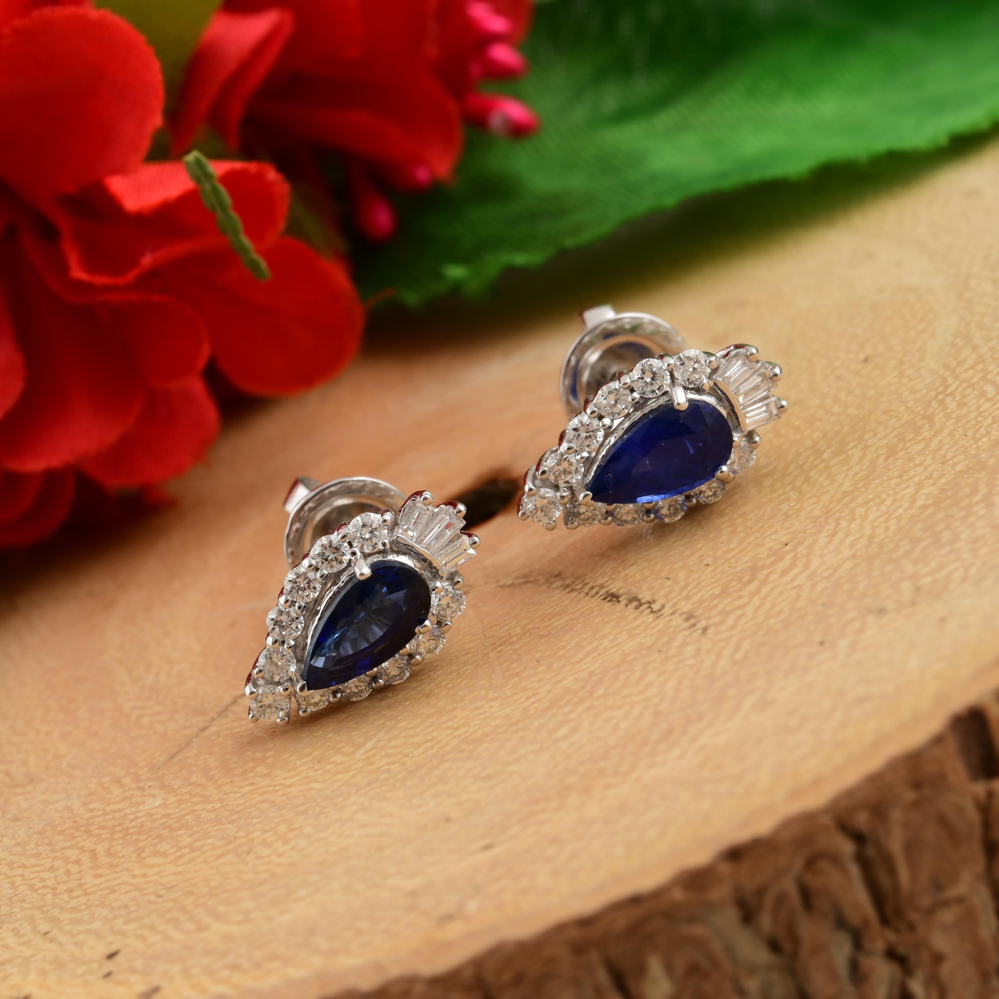 Women's Pear Shaped Blue Sapphire Minimal Stud Earrings Halo Diamonds 14k White Gold For Sale