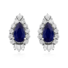 Pear Shaped Blue Sapphire Minimal Stud Earrings Halo Diamonds 14k White Gold