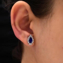 Pear Cut Blue Sapphire Halo Diamond Stud Earrings 18k White Gold All Tariff Paid