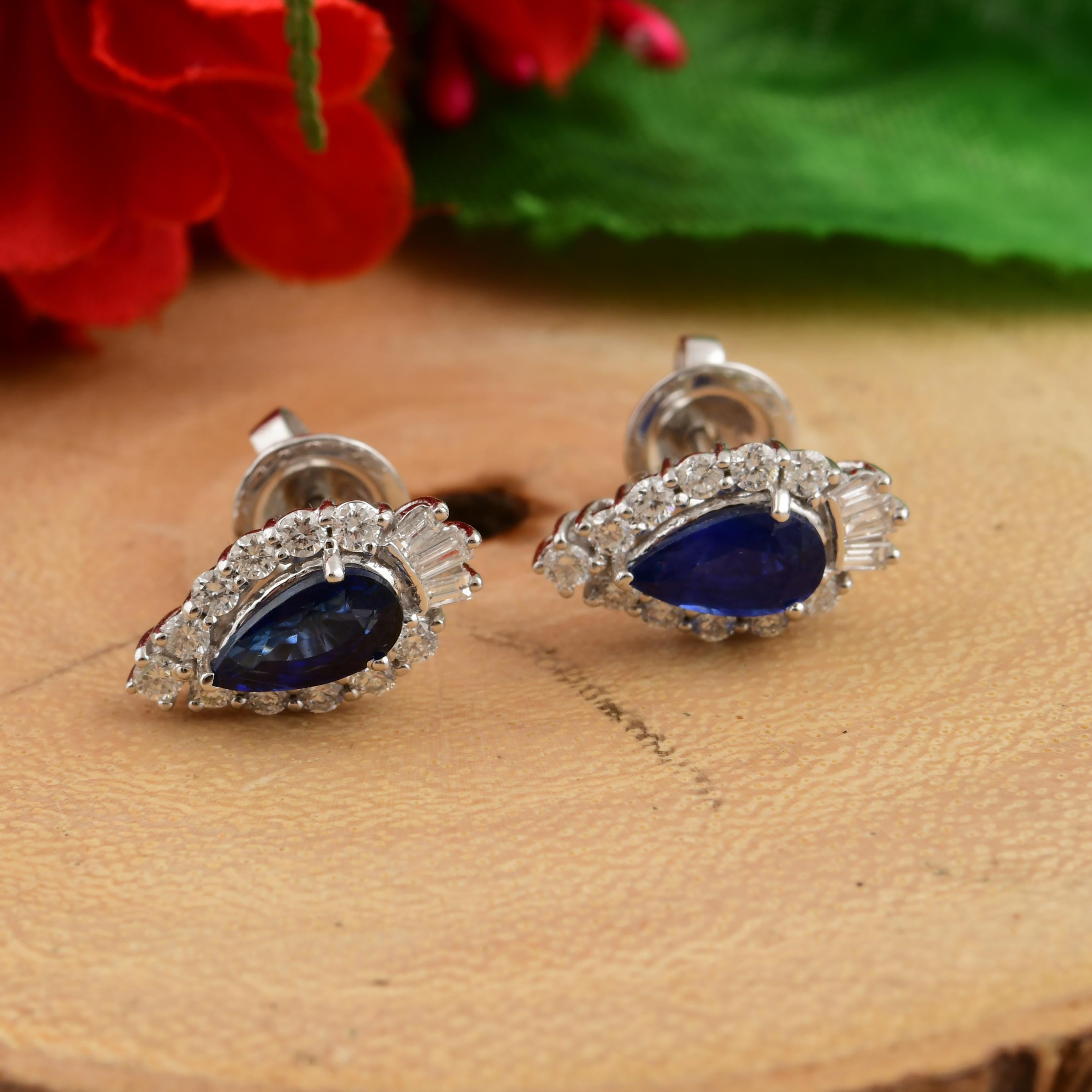Art Deco Pear Shaped Blue Sapphire Minimal Stud Earrings Halo Diamonds 18k White Gold For Sale