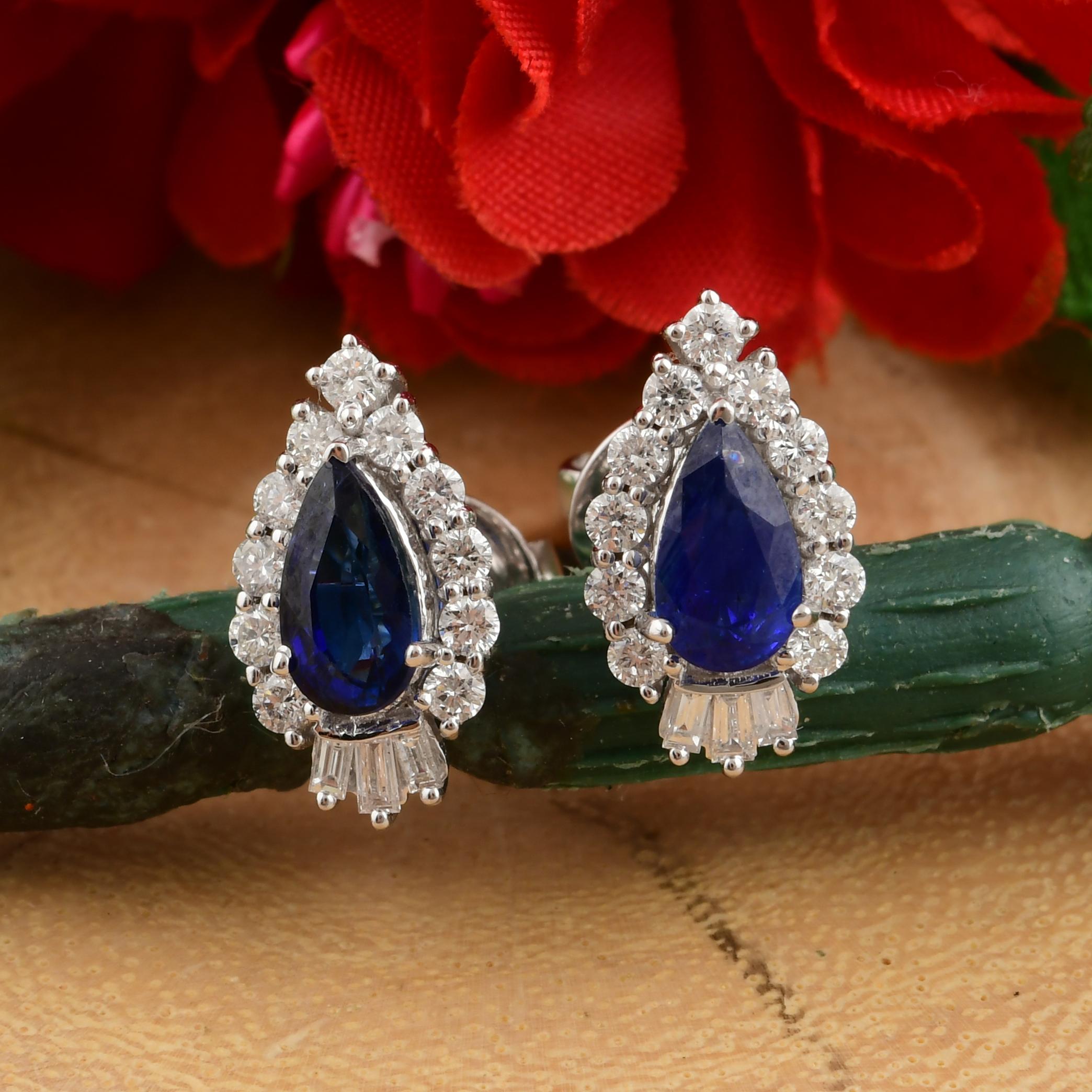 Women's Pear Shaped Blue Sapphire Minimal Stud Earrings Halo Diamonds 18k White Gold For Sale