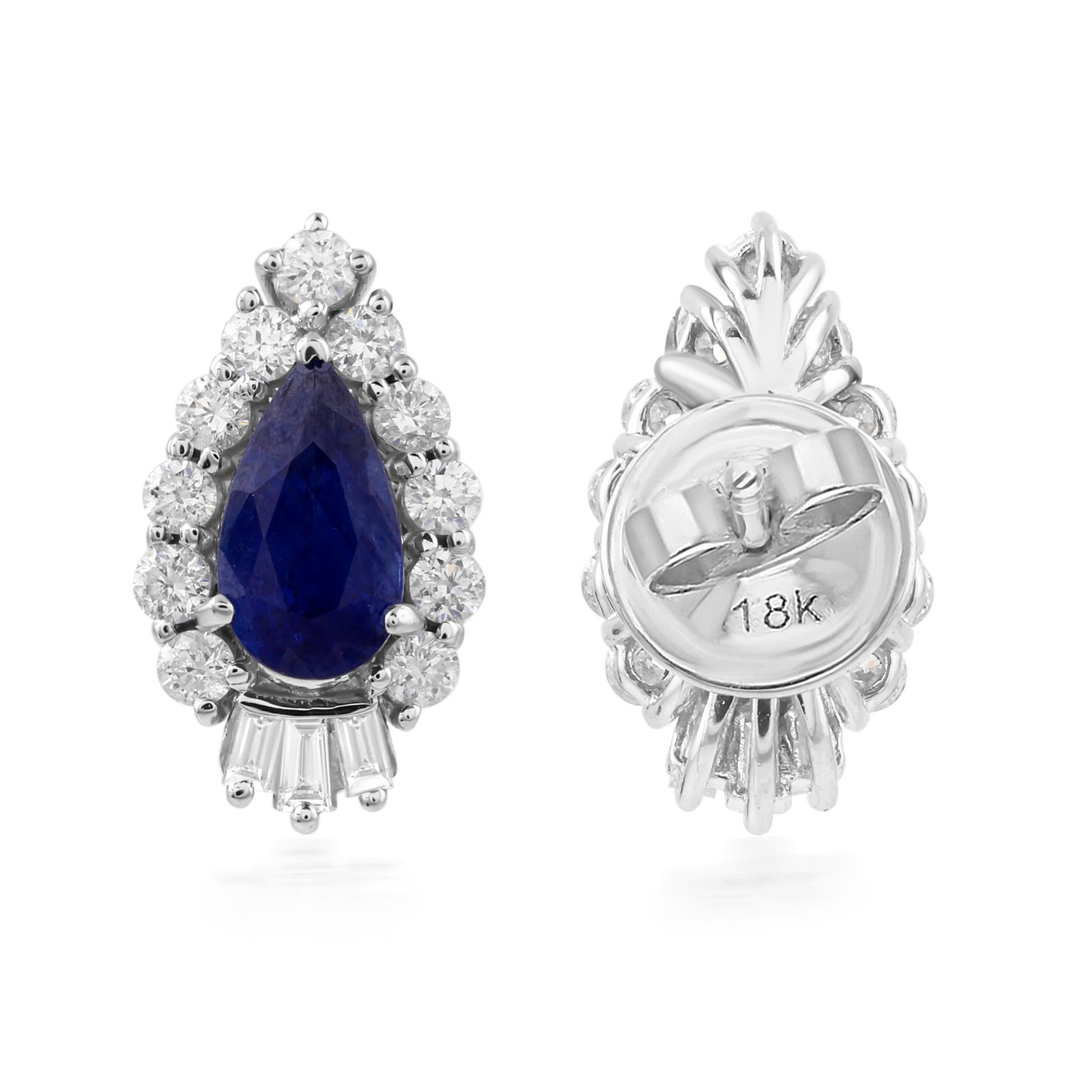 Pear Shaped Blue Sapphire Minimal Stud Earrings Halo Diamonds 18k White Gold For Sale 1