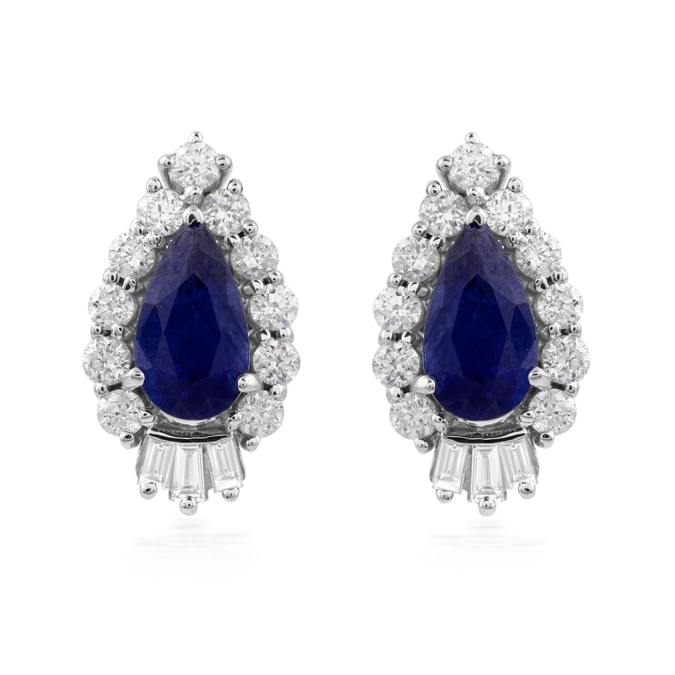Pear Shaped Blue Sapphire Minimal Stud Earrings Halo Diamonds 18k White Gold For Sale 2