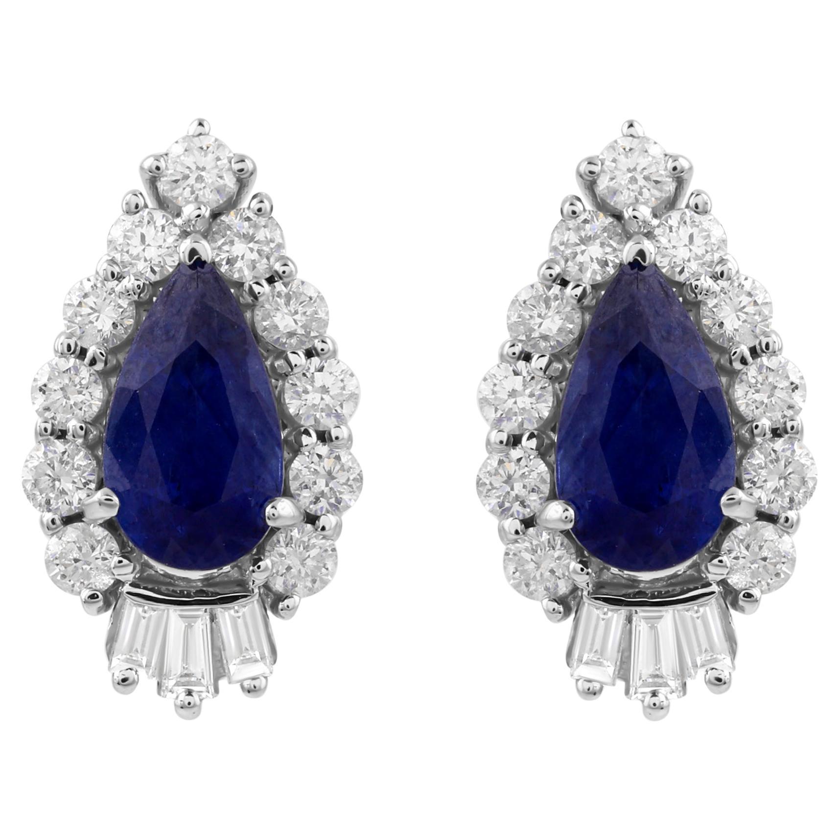 Pear Shaped Blue Sapphire Minimal Stud Earrings Halo Diamonds 18k White Gold