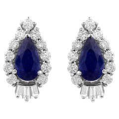 Pear Shaped Blue Sapphire Minimal Stud Earrings Halo Diamonds 18k White Gold